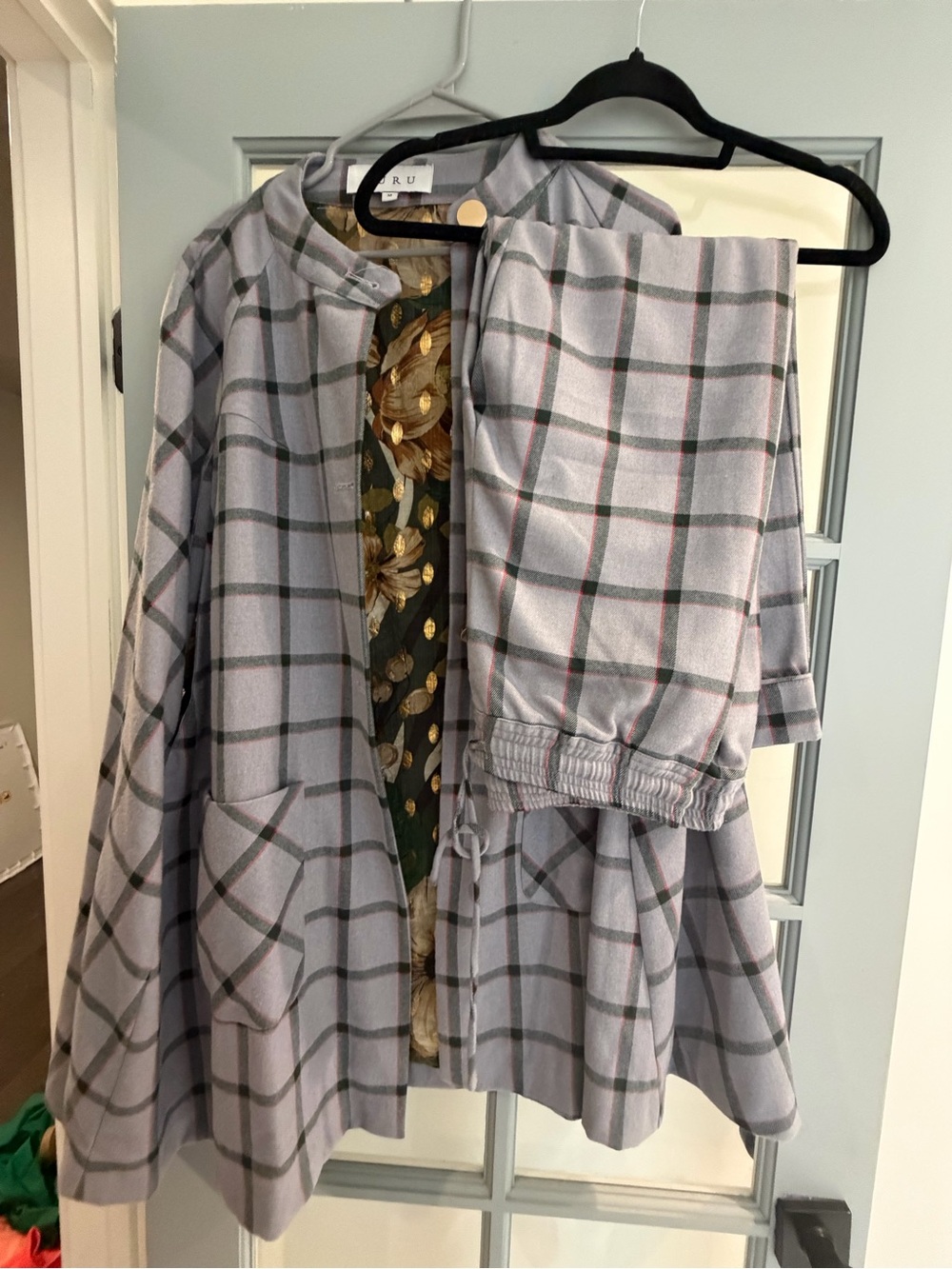 Buru made to order Light Gray Plaid Coat and Pant Set - Women's Jacket & Coat